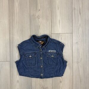 Ladies Denim Harley Davidson Cropped Button Front Vest Size Medium Y2K 90s